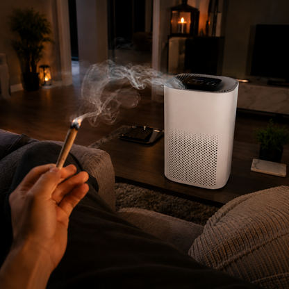 VLOE SmokeShield in een huiskamer met sfeerverlichting tijdens een sessie op de bank